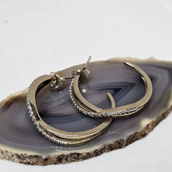 925 Sterling Silver Vermeil - Natural Diamond Crossover Semi Hoop Earrings - Picture 2 of 12